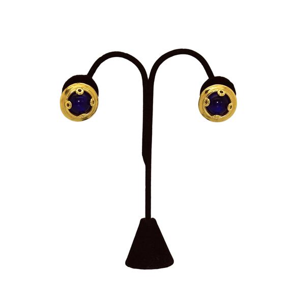 A8 Auth GIVENCHY Vintage Signed Goldtone With Blue Stone Round Clip On Earrings - Picture 1 of 4
